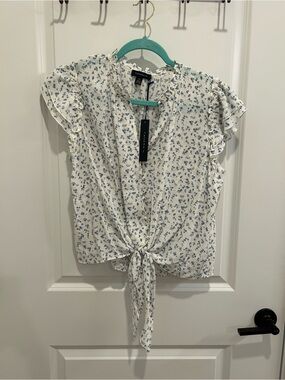 Tamara H White Floral Tie-Front Ruffle Sleeve Top